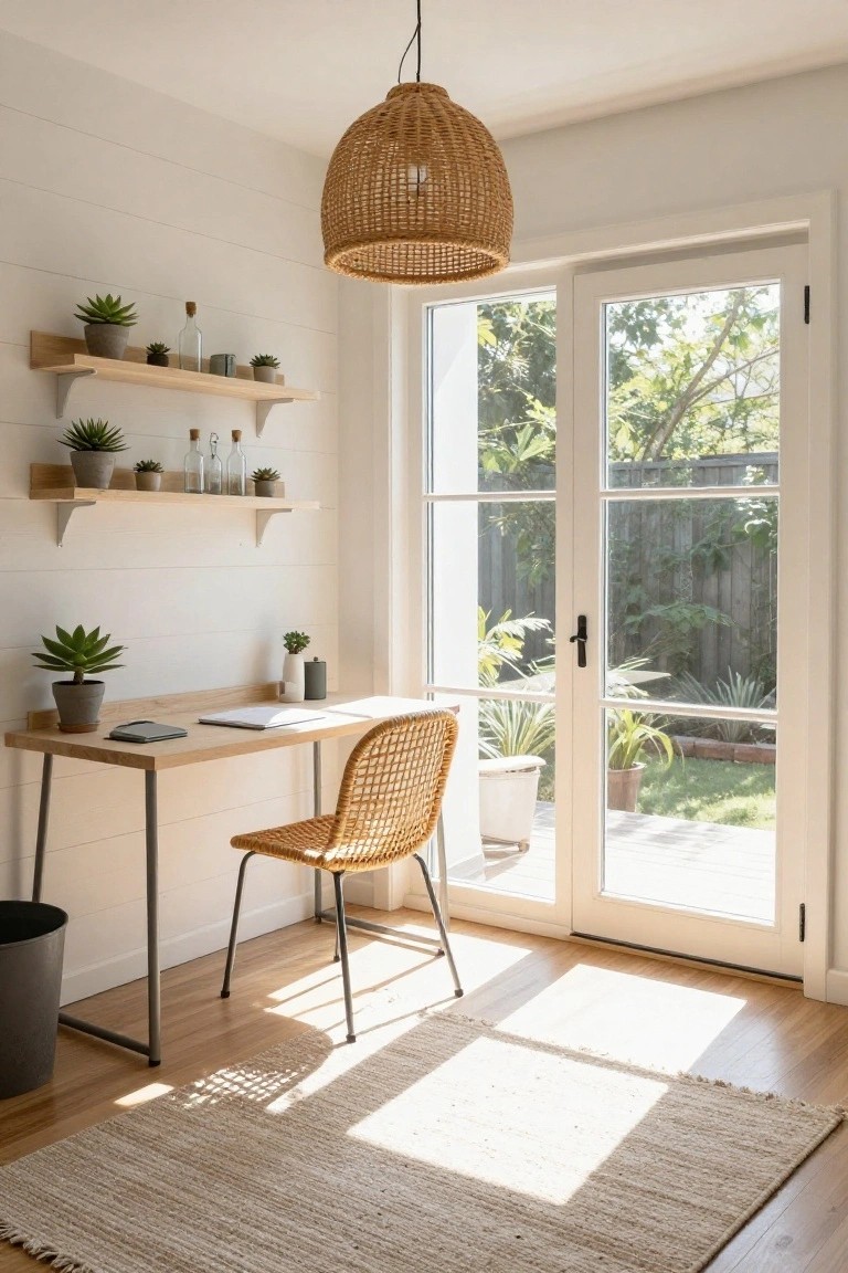 A home office corner with a light wood desk, floating wood shelves on a white shiplap wall, a woven chair, and glass doors leading outside.