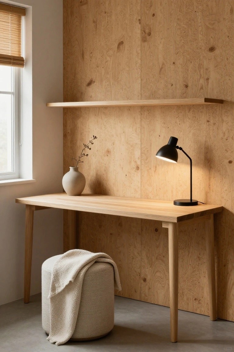 A light wood desk sits against a full plywood accent wall, with a black desk lamp, ceramic vase, and upholstered stool in the foreground.