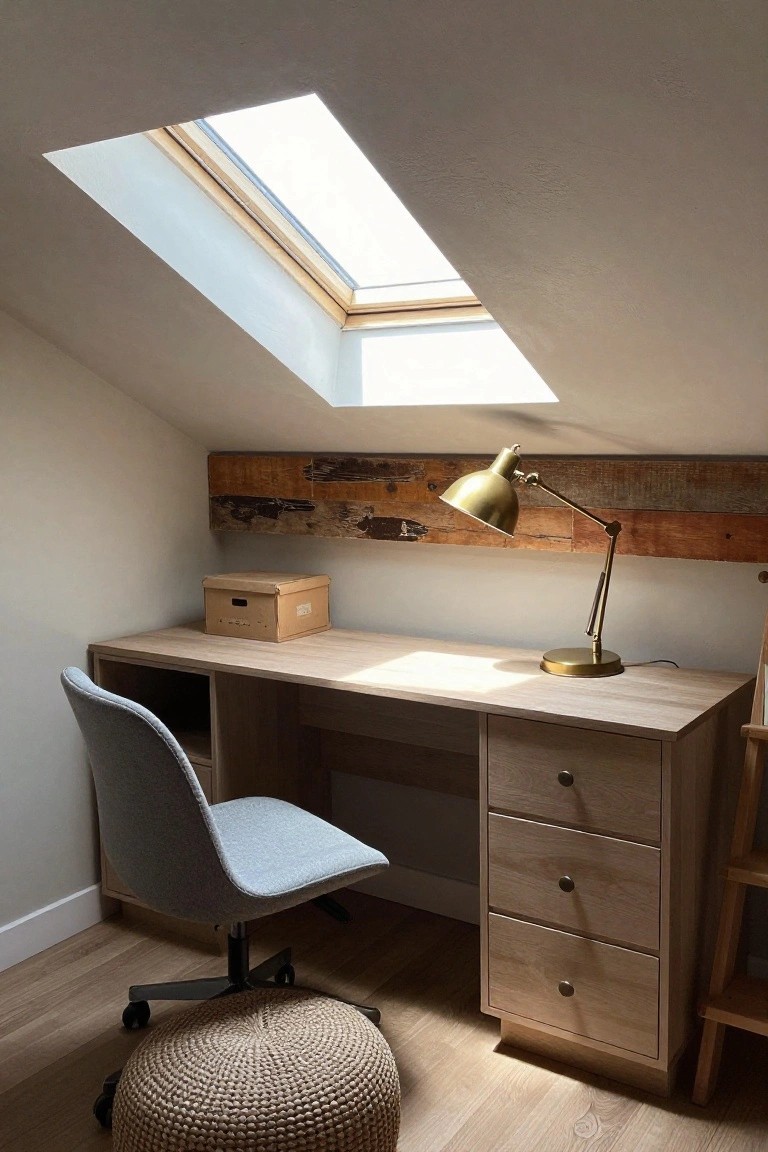 A home office featuring a light wood desk, gray upholstered chair, and horizontal reclaimed wood accent wall beneath a skylight.