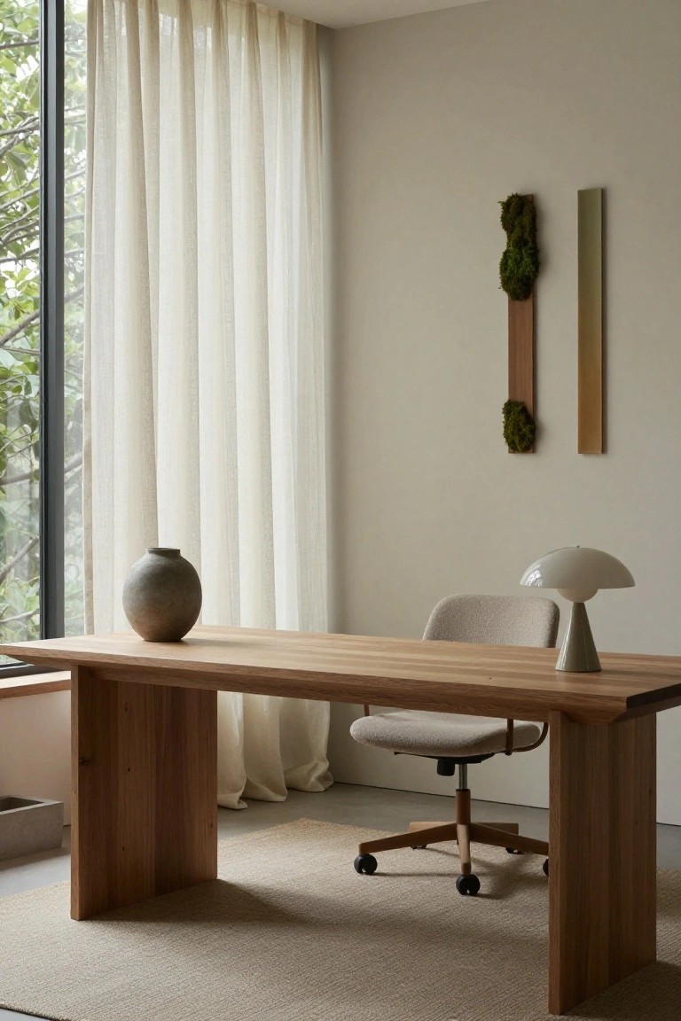 A minimalist office with a wooden desk, upholstered rolling chair, table lamp, and two vertical wood accent panels on the wall, one with attached moss.