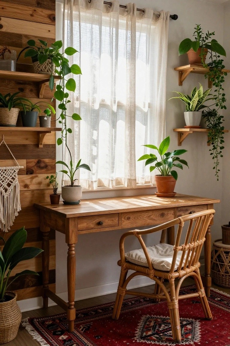 A wooden desk and rattan chair sit in front of a vertical wood plank accent wall lined with floating shelves of houseplants and a window covered by sheer curtains.