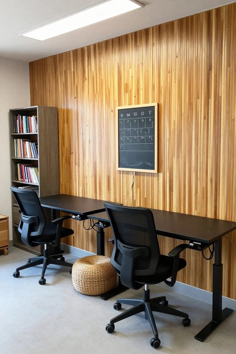 Two black standing desks with chairs against wood wall with chalkboard calendar.
