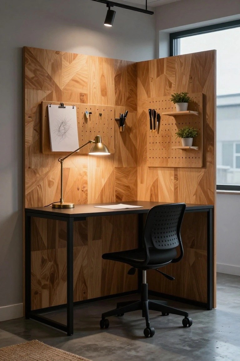 A home office features a black desk and chair in front of a large geometric wood accent wall with pegboard sections holding tools and small plants.