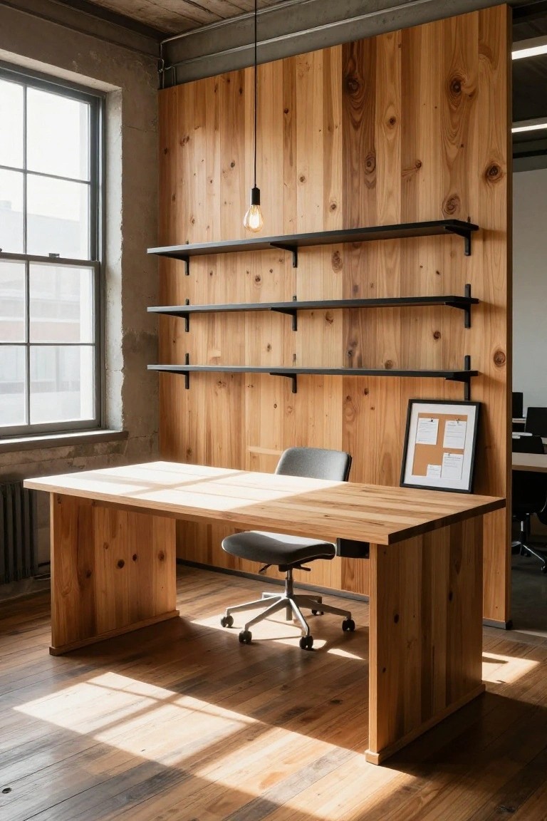 An office interior with a large wooden desk, gray rolling chair, and a vertical wood plank accent wall holding three black floating shelves and a framed corkboard.