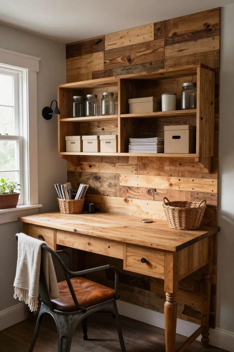 A wooden desk sits against a reclaimed wood accent wall with built-in open shelves holding jars, boxes, and papers, next to a window and a metal chair with a brown leather seat.