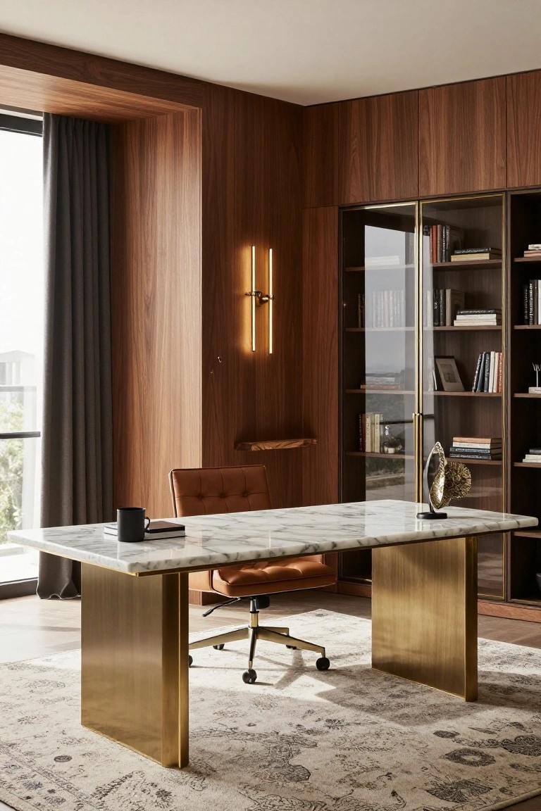 Modern office with marble desk on brass bases, tufted leather chair, wooden bookshelves, and rug.
