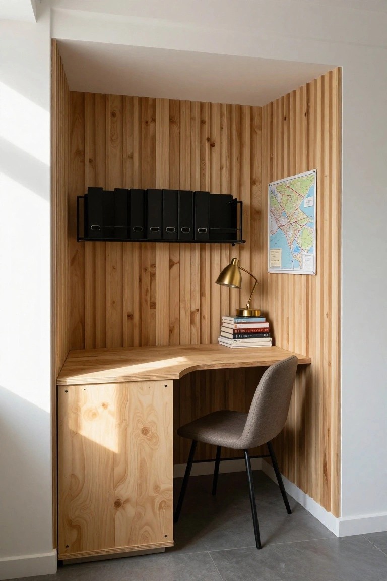 Wooden desk alcove with chair, brass lamp, books, binders, and wall map