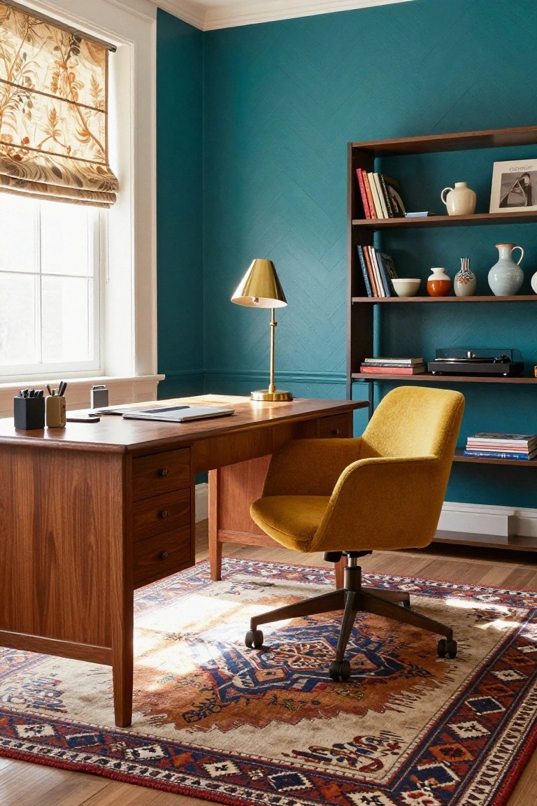 A home office featuring a wooden desk, mustard yellow swivel chair, and built-in wooden bookshelf against a teal herringbone accent wall.