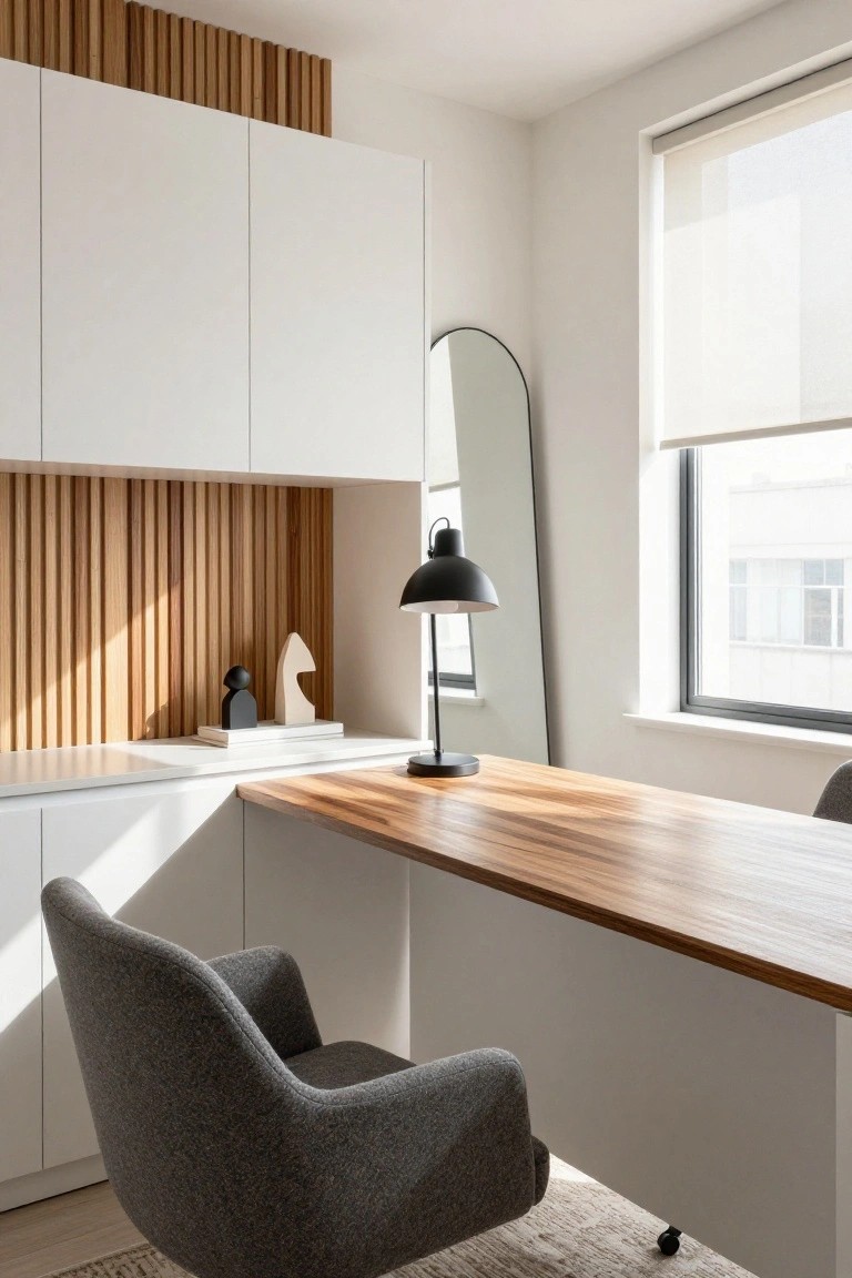 A home office featuring white built-in cabinets, a long wooden desk, a gray upholstered chair, and a vertical wood slat accent wall.