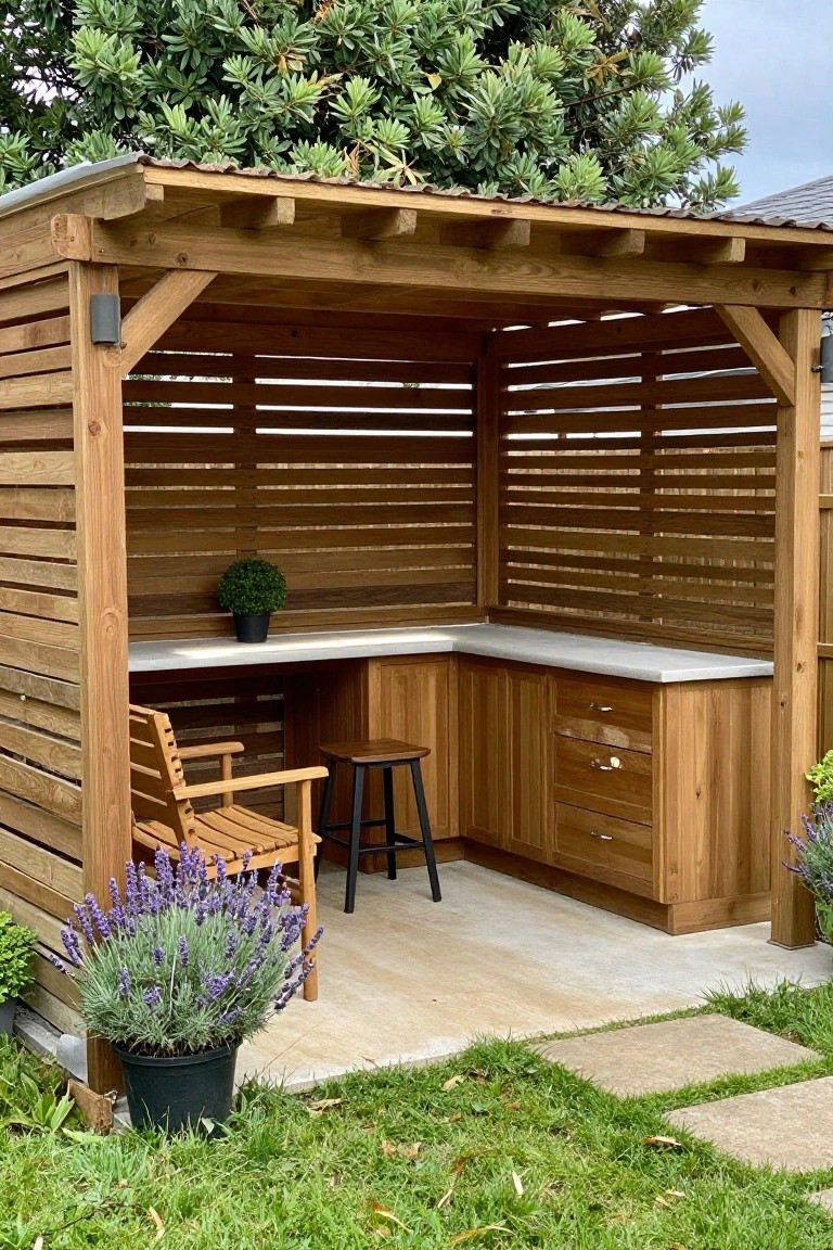 A wooden patio structure with an L-shaped counter, built-in wood cabinets and drawers, a chair, a stool, and potted plants around the edges.