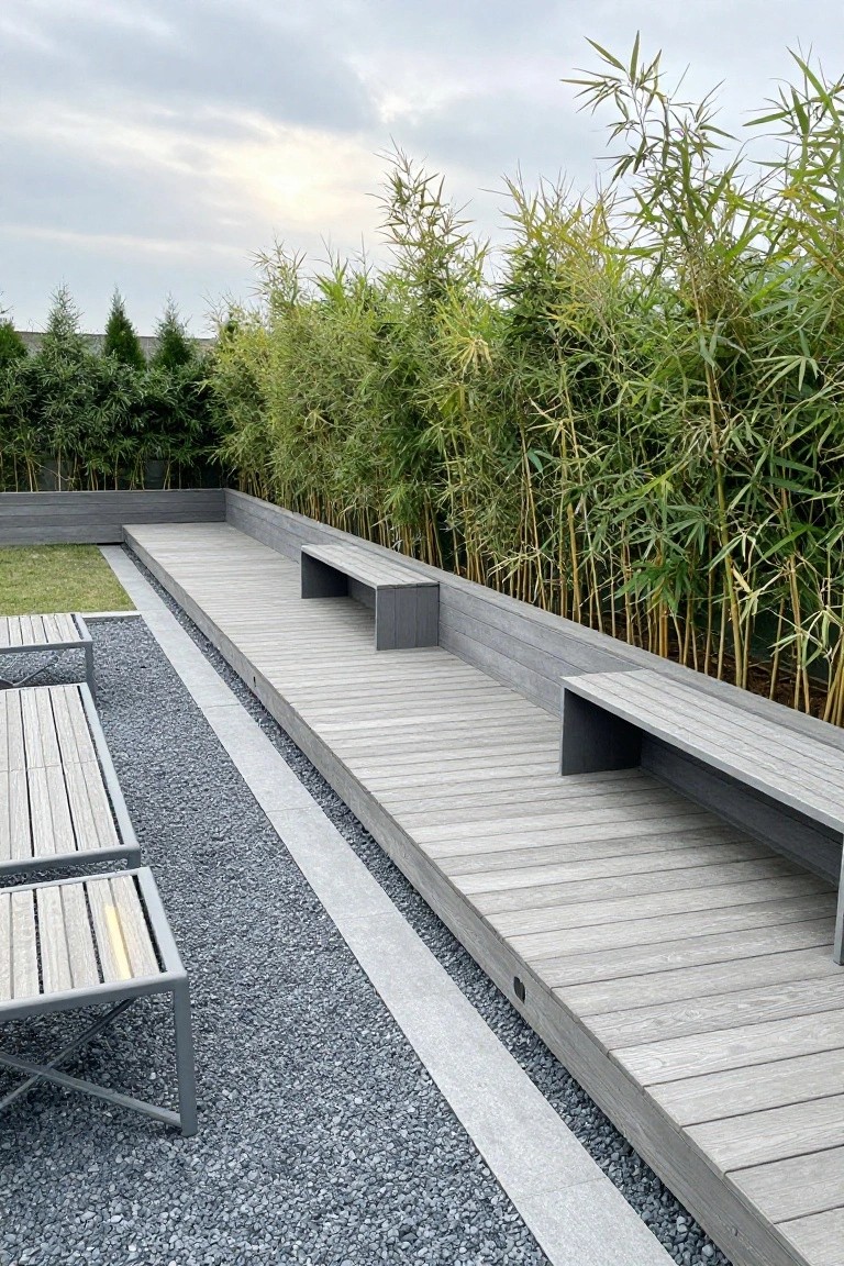 Modern gray wooden deck with benches beside gravel and dense bamboo plants