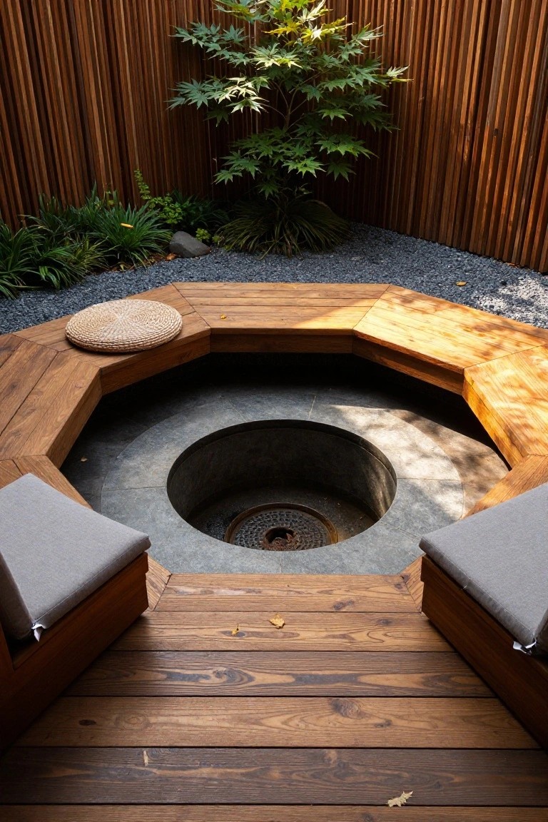 Wooden deck with built-in benches surrounding a circular stone fire pit on gravel, with plants and a tree against a wooden fence.
