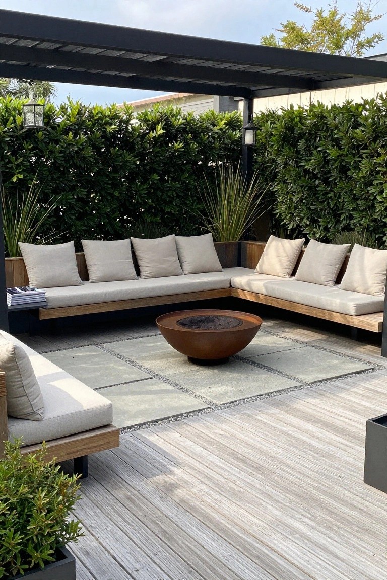 An outdoor patio with L-shaped wooden built-in benches, light cushions, a round fire pit in the center, and a black pergola above.