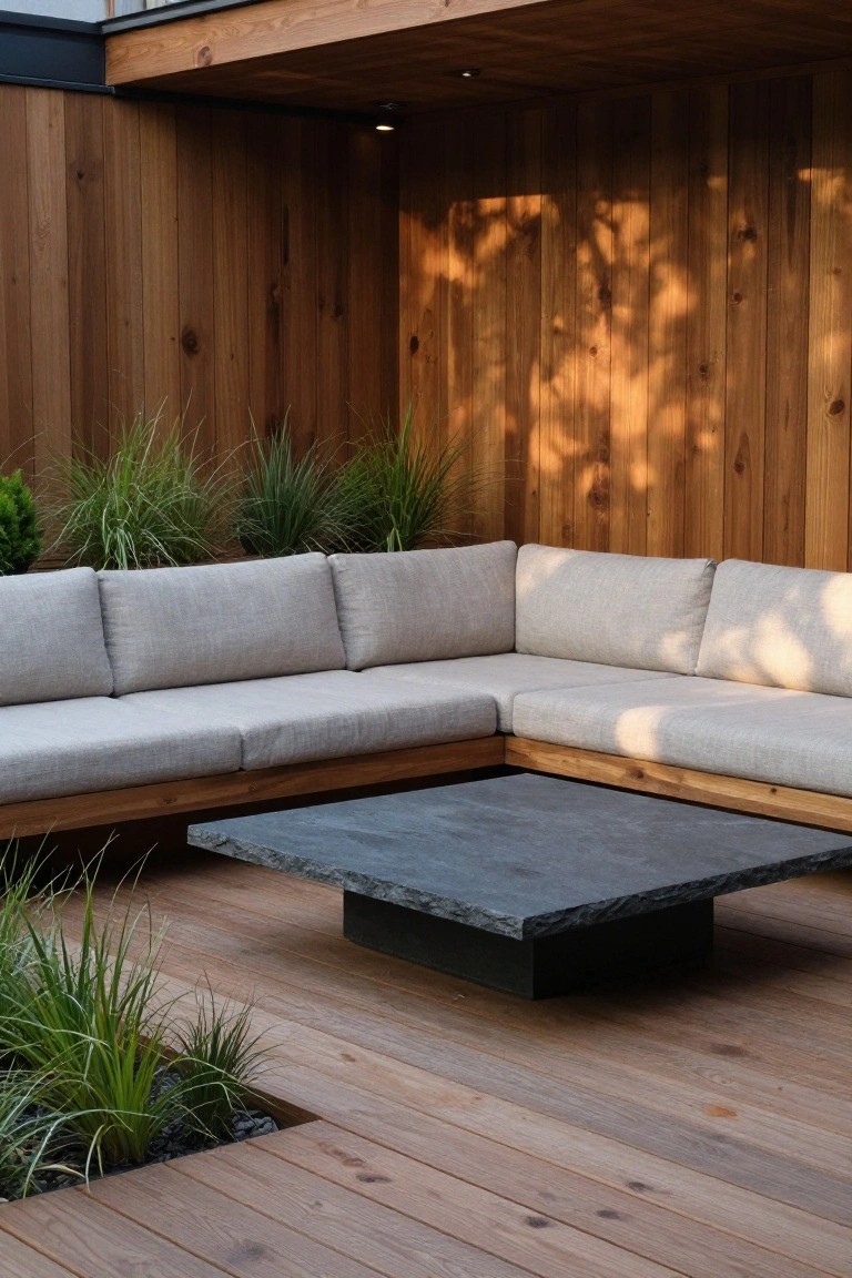 Wooden deck with built-in L-shaped sofa seating, dark stone coffee table, and plants along a wood-paneled wall.