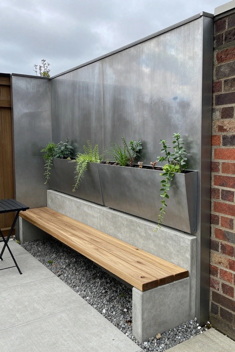 A long wooden bench rests on a concrete base beneath metal planters mounted to a gray wall in an outdoor patio area.