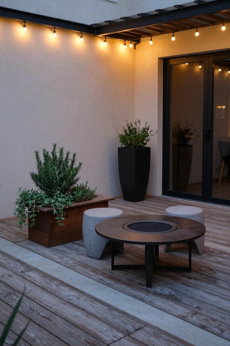 A wooden patio with a round fire pit table, two concrete stools, a wooden planter box, and several potted plants under string lights at dusk.