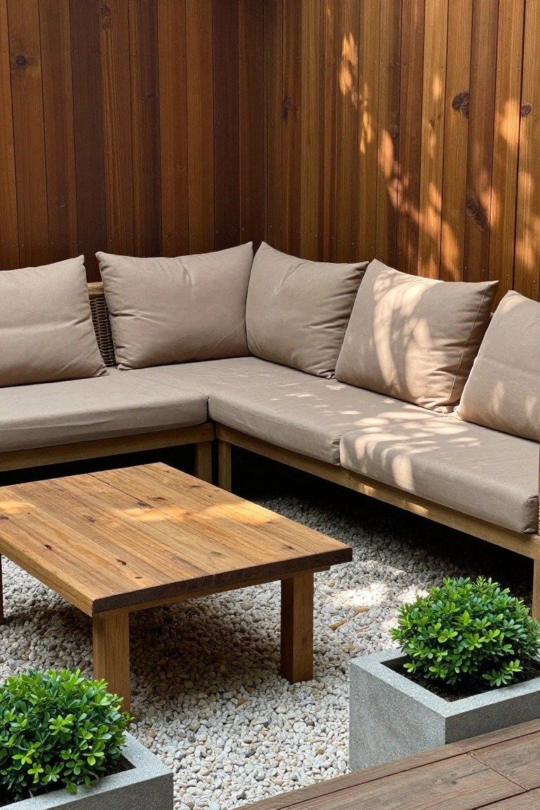 Wooden L-shaped bench with beige cushions on a gravel patio beside a vertical wood wall and two concrete planters holding small green shrubs.