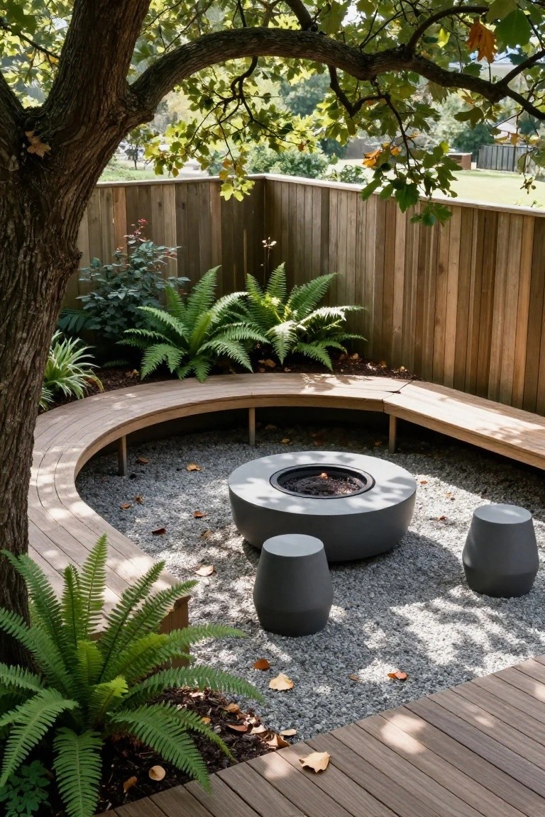 A curved wooden bench surrounds a gray fire pit on gravel, with ferns and a wooden fence in the background.