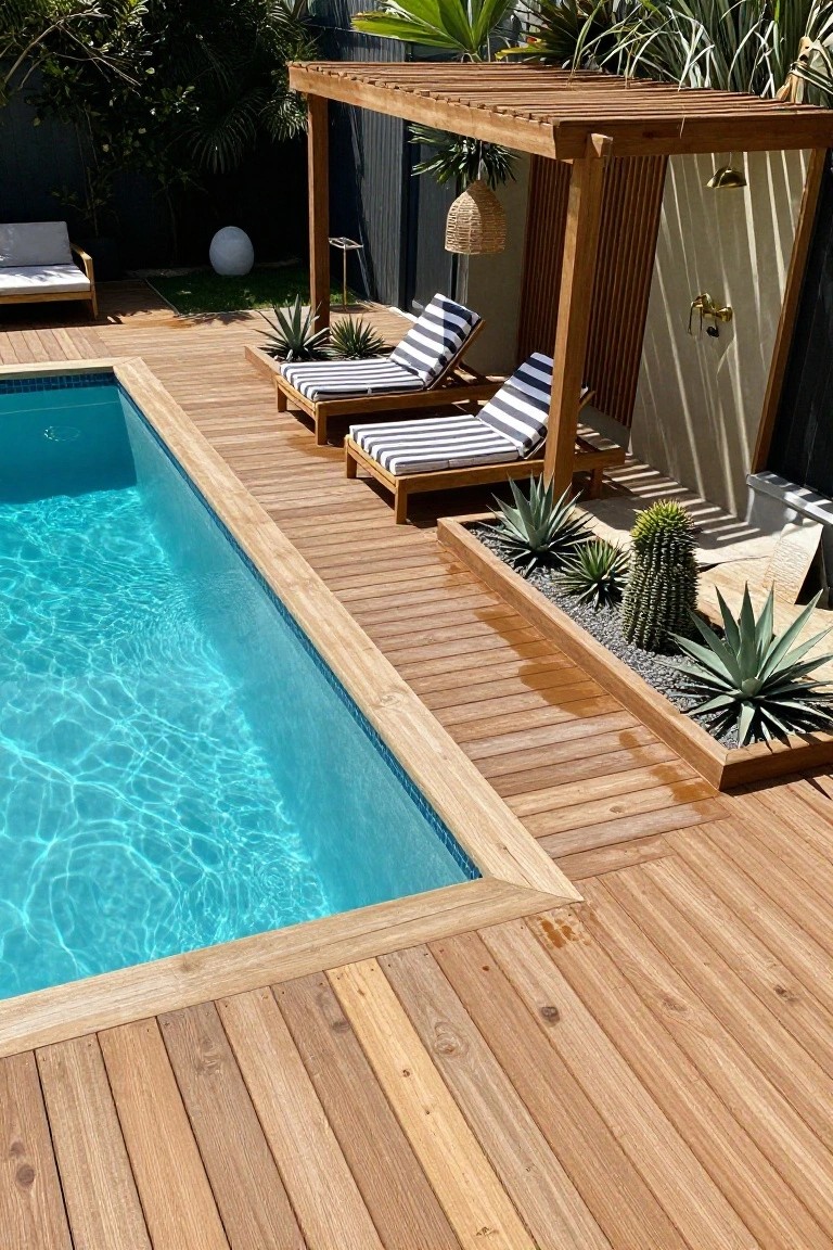 A rectangular pool with blue water is bordered by light wooden decking, two striped lounge chairs sit under a wooden pergola, and a gravel planter bed with succulents and a cactus runs along one side.