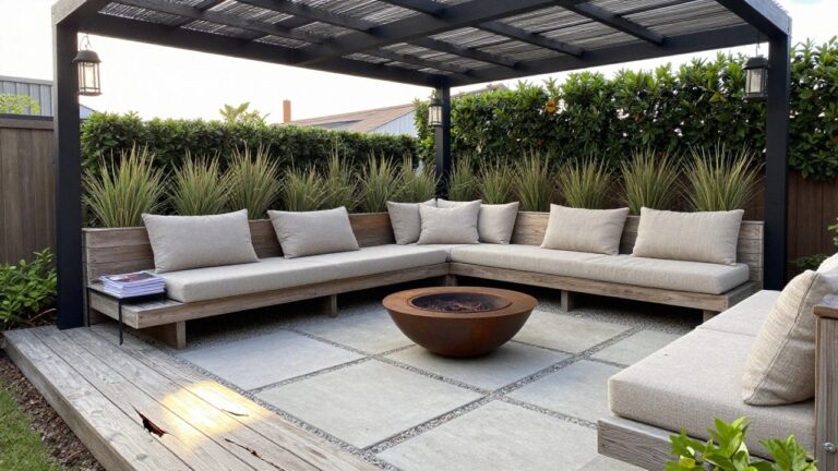 19 Contemporary Wooden Patio Ideas Using Simple Materials and Clean Landscaping An outdoor patio with L-shaped wooden built-in benches, light cushions, a round fire pit in the center, and a black pergola above.