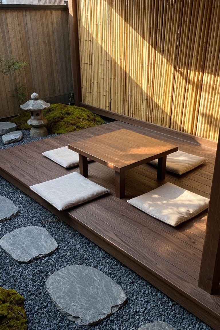 A low dark wooden deck platform holds a square table and four beige cushions, bordered by gravel with flat stepping stones and a tall bamboo screen.