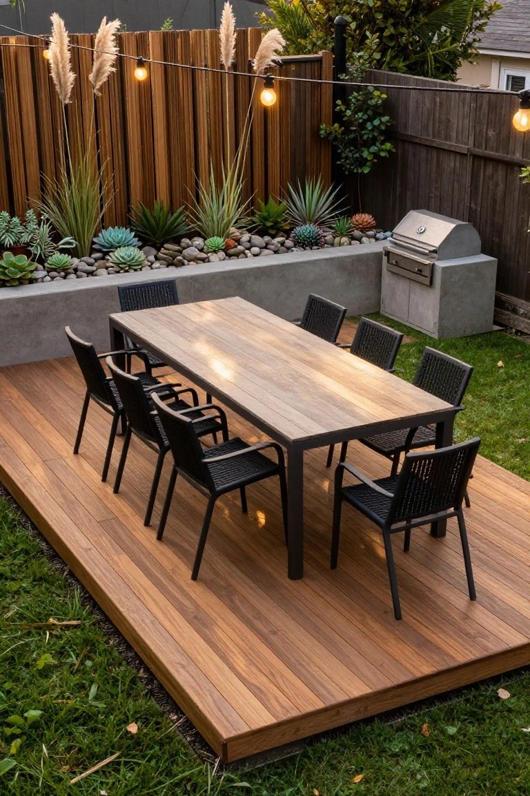 A rectangular wooden deck with a long dining table, black chairs, a built-in grill on the side, and a raised planting bed with succulents along the back fence.