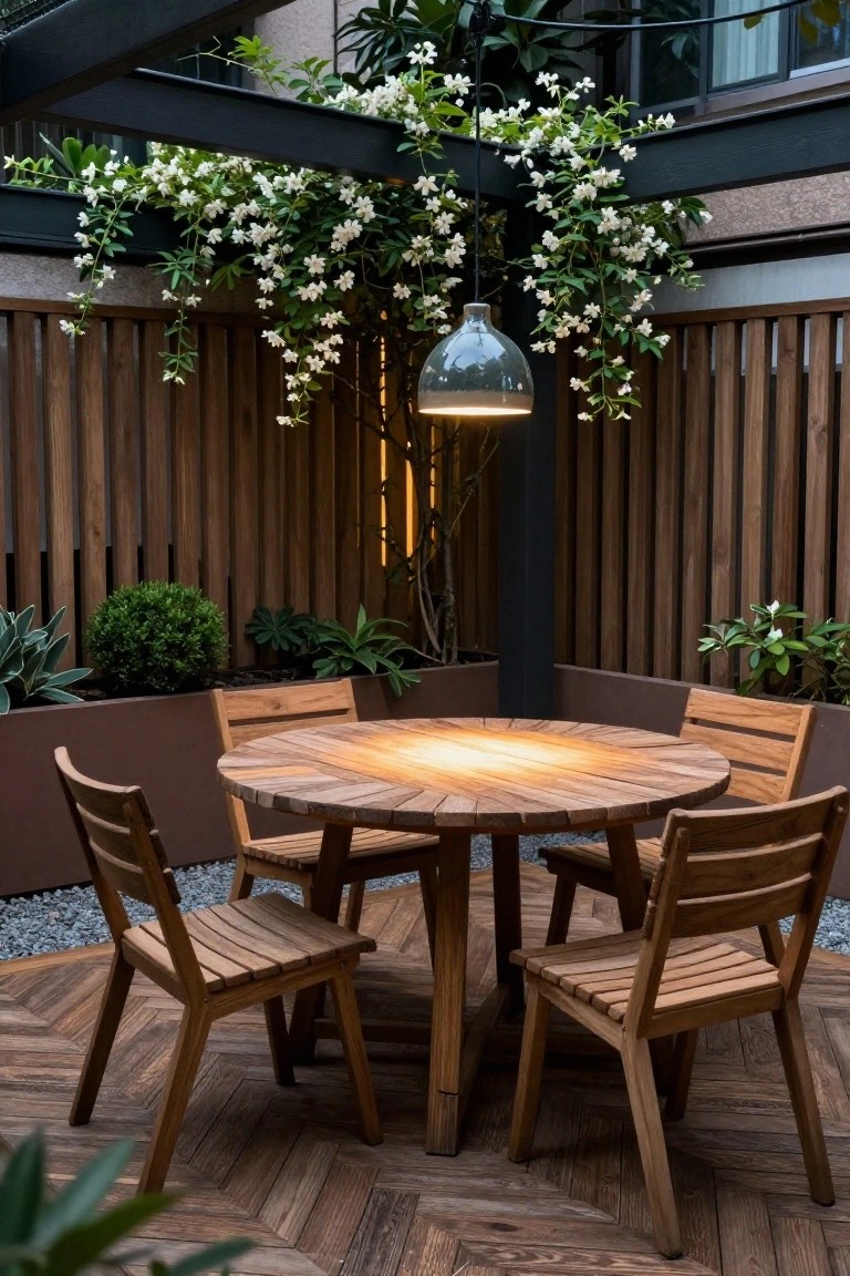 A round wooden dining table with four matching chairs on a wooden deck patio, surrounded by vertical wood fencing, hanging plants with white flowers, and a glass pendant light overhead.