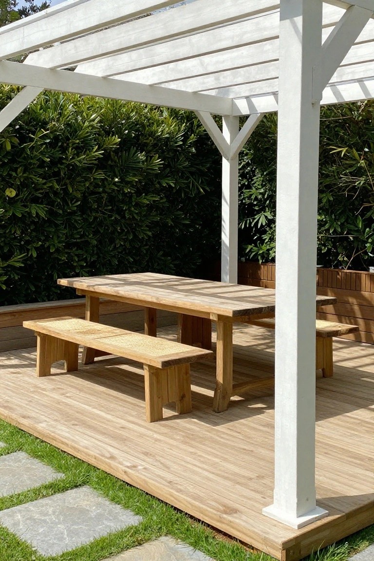 A wooden table with two benches sits on a deck beneath a white pergola next to green shrubs.