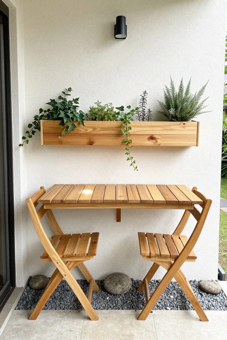 Wooden folding table and chairs beneath wall-mounted planter box with green plants