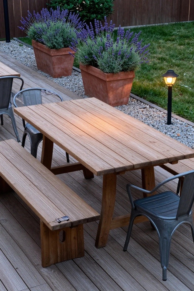 A long wooden table and bench on a deck with metal chairs, terracotta pots of lavender, and gravel edging.