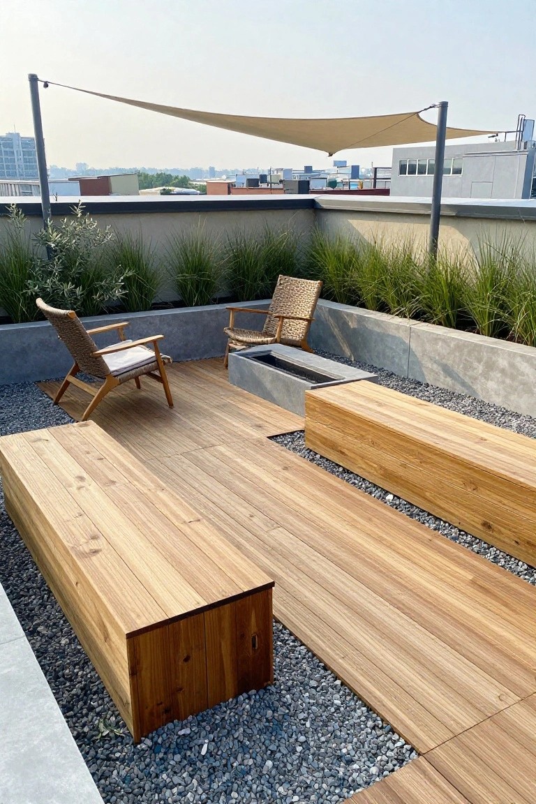 Rooftop patio with wooden decking, long wooden benches, a fire pit, woven chairs, gravel sections, and tall grasses beneath a shade sail.