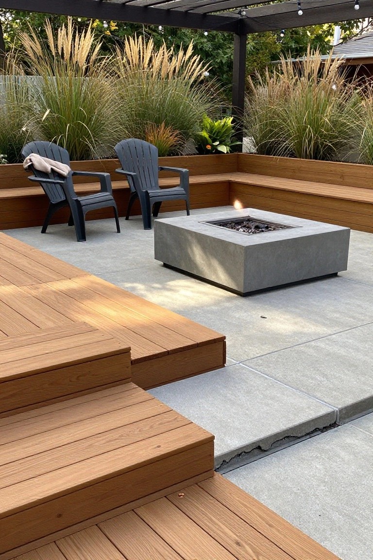 A wooden deck with steps leads to a concrete patio with a square concrete fire pit, two dark Adirondack chairs, and built-in wooden benches along the perimeter, surrounded by tall ornamental grasses.