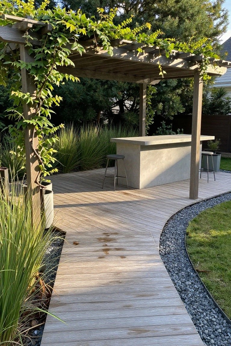 A curved wooden deck path with gravel borders leads to an outdoor bar area under a wooden pergola.