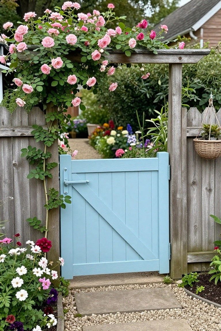 A light blue board-on-board wooden gate beneath a wooden arbor covered in pink climbing roses, with flower beds and a gravel path on either side.