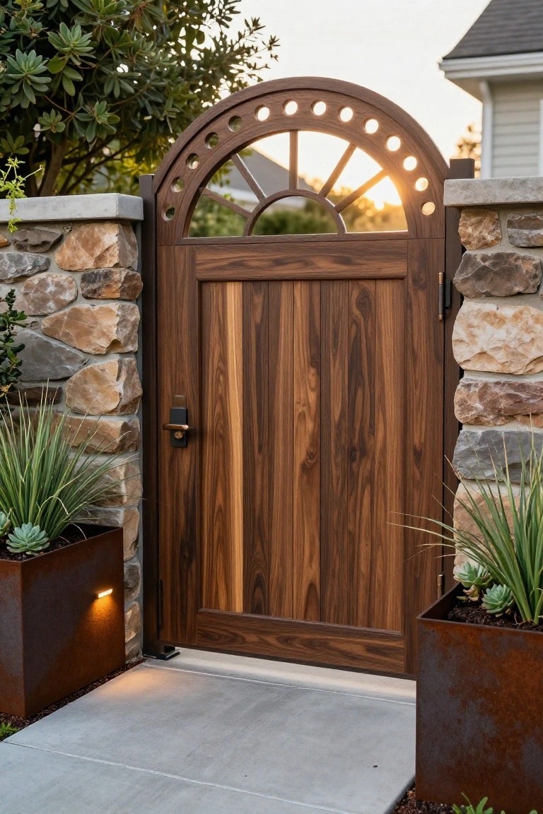 Arched dark wood gate with sunburst cutouts between stone pillars and planters