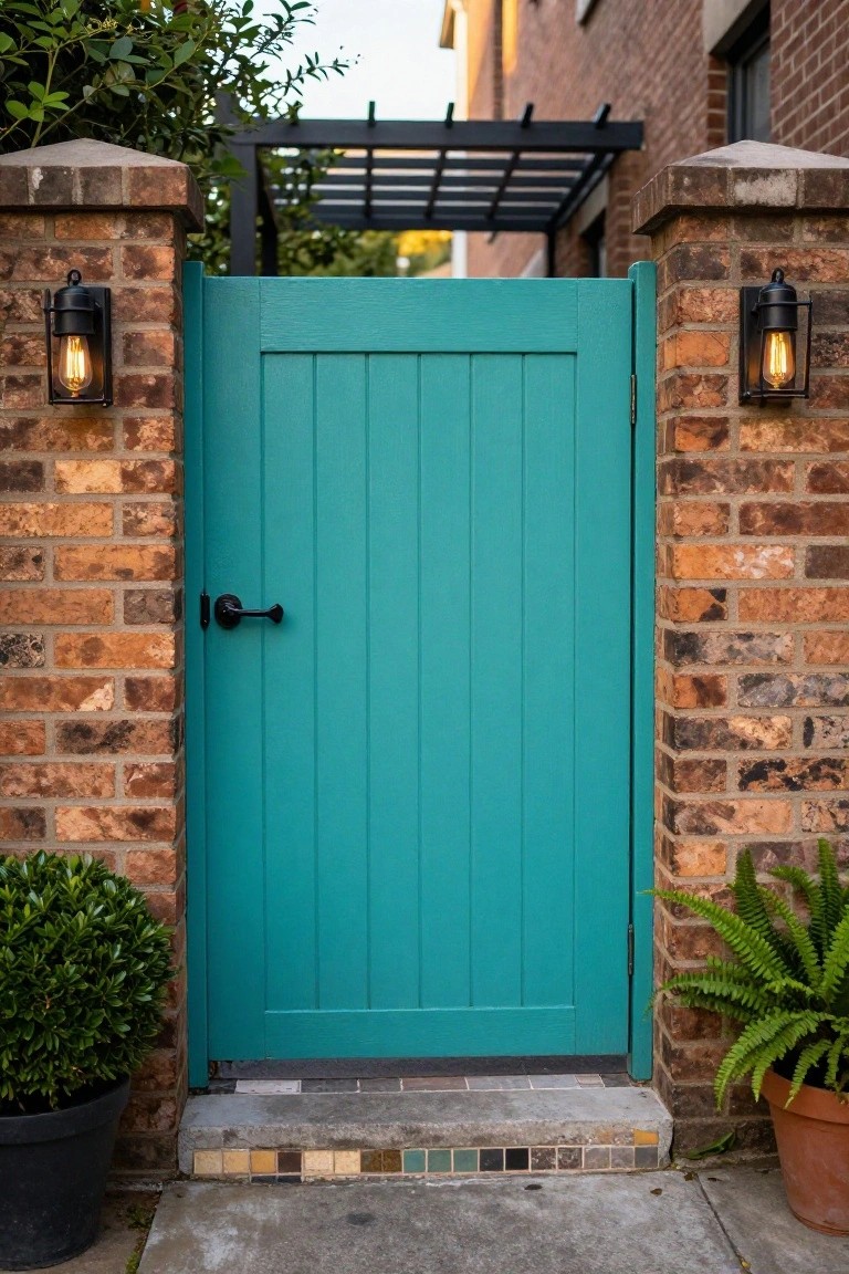 A teal vertical board-on-board gate between two brick pillars with black wall lights and potted plants at the base.