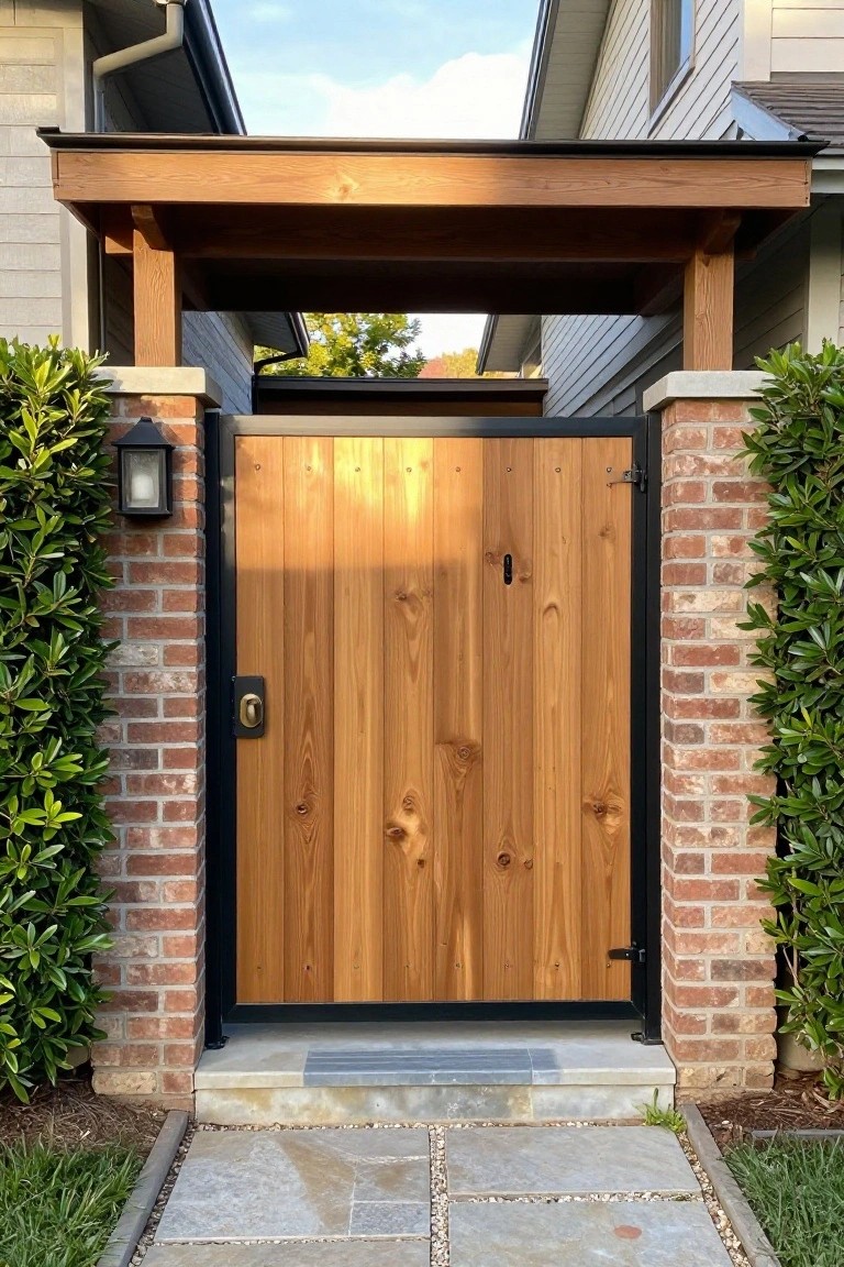 Wooden gate with black frame between brick pillars under wooden overhang, flanked by green bushes.