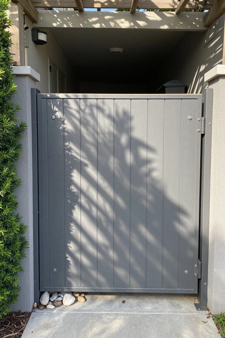 A gray vertical board-on-board wooden gate set in a residential exterior with green shrubs on the left side and concrete paving below.