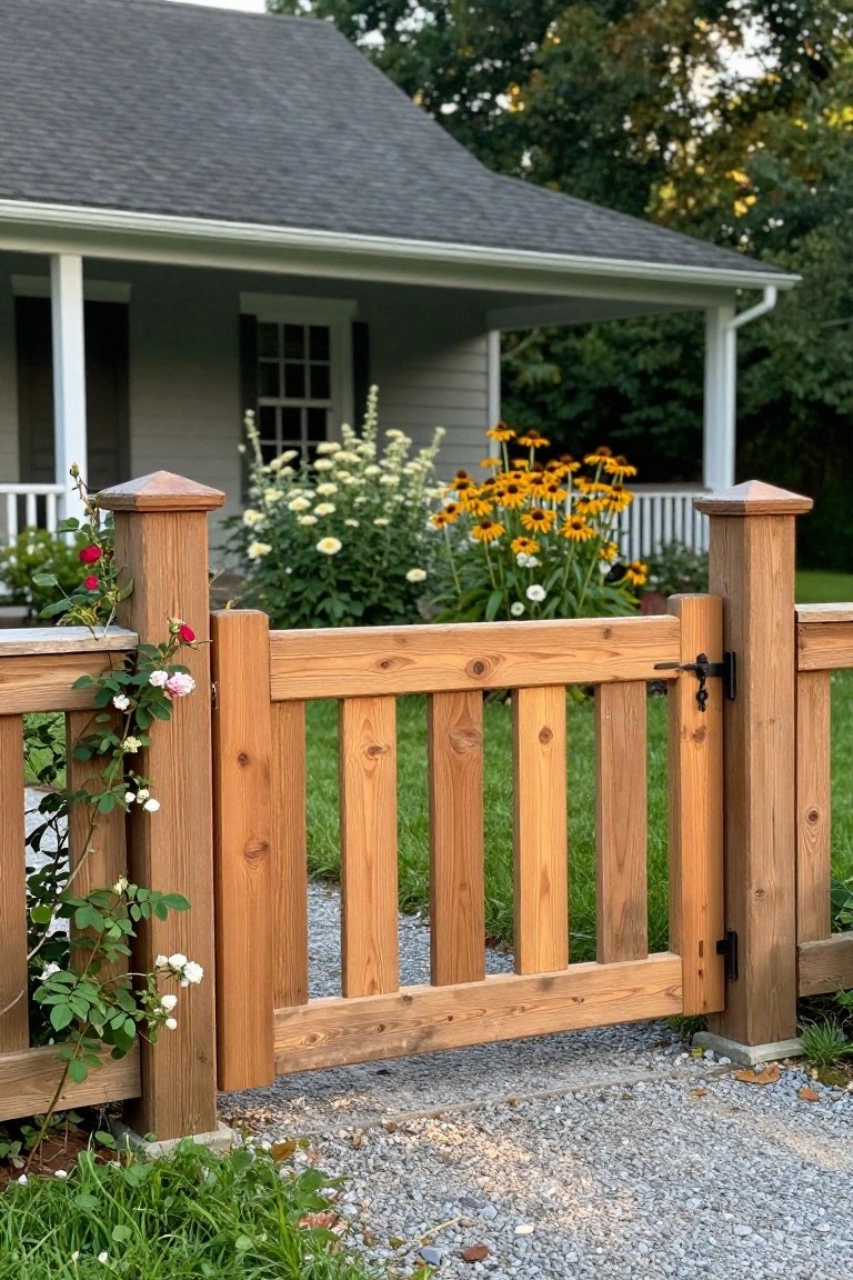 A wooden board-on-board gate with vertical slats stands partially open next to a gravel driveway, with a house and garden visible in the background.