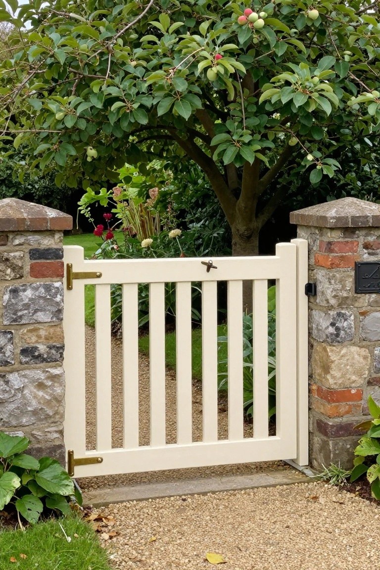 White wooden gate between stone pillars with apple tree and garden beyond