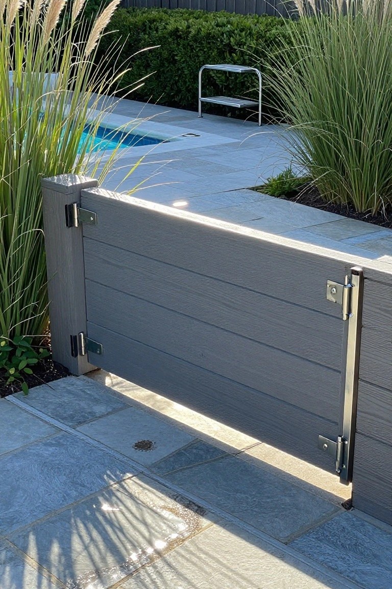 A gray horizontal board-on-board gate with metal hinges is shown partially open beside a stone pool deck with tall grasses nearby.