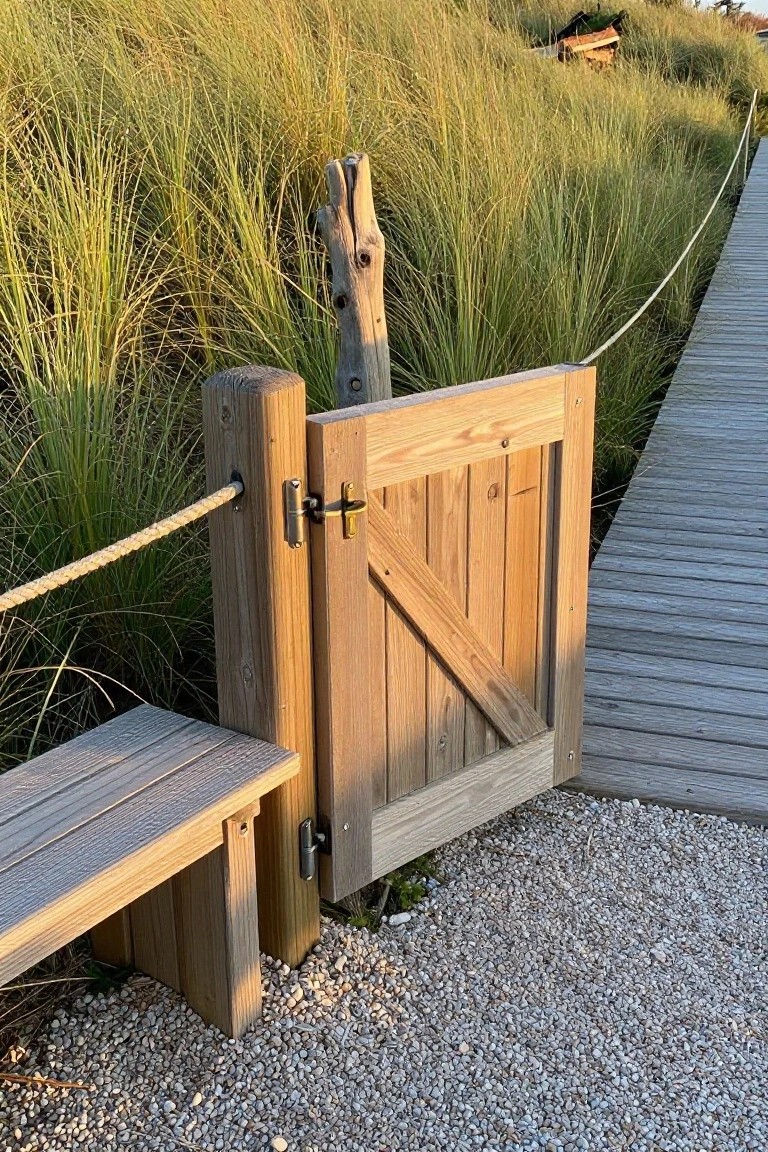 A wooden board-on-board gate with a diagonal brace stands partially open between gravel ground and tall grass, next to a wooden boardwalk.
