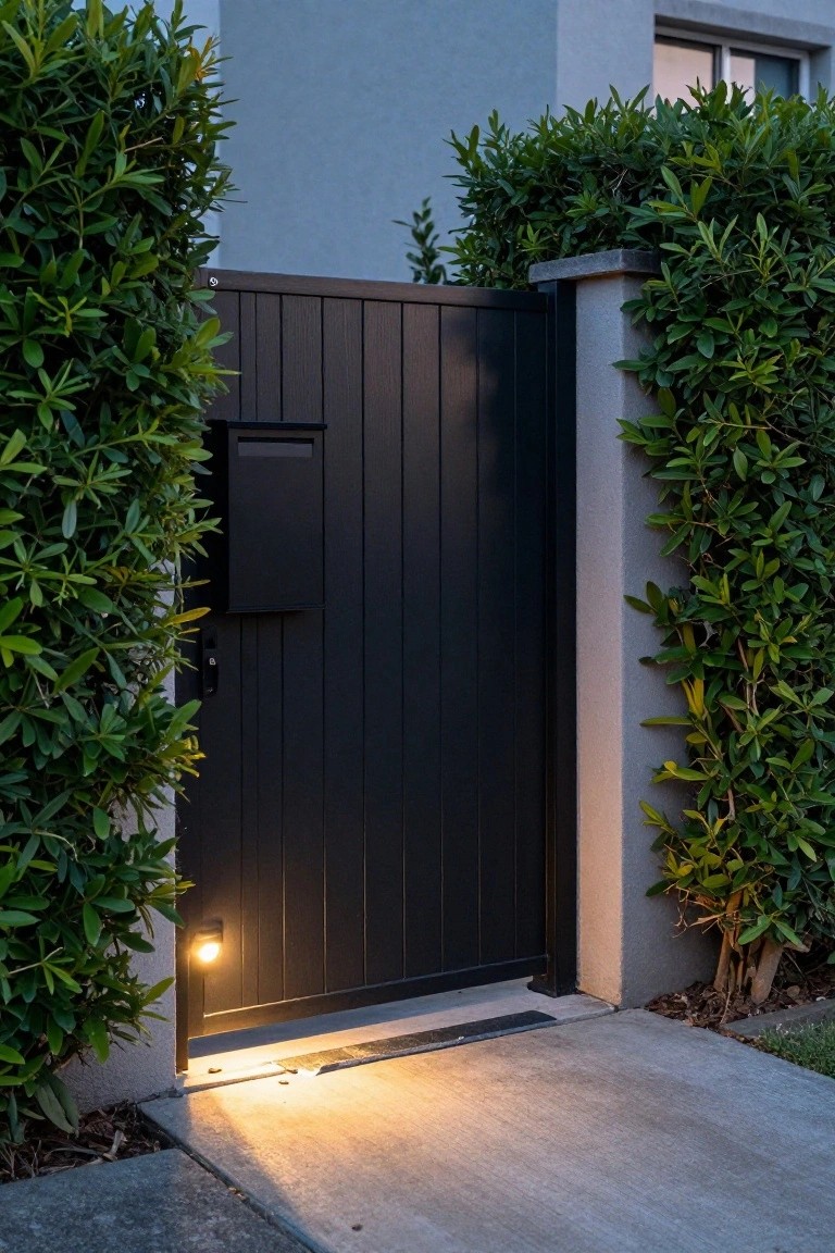 A dark wooden board-on-board gate with vertical boards and an attached black mailbox stands between green hedges beside a concrete walkway.