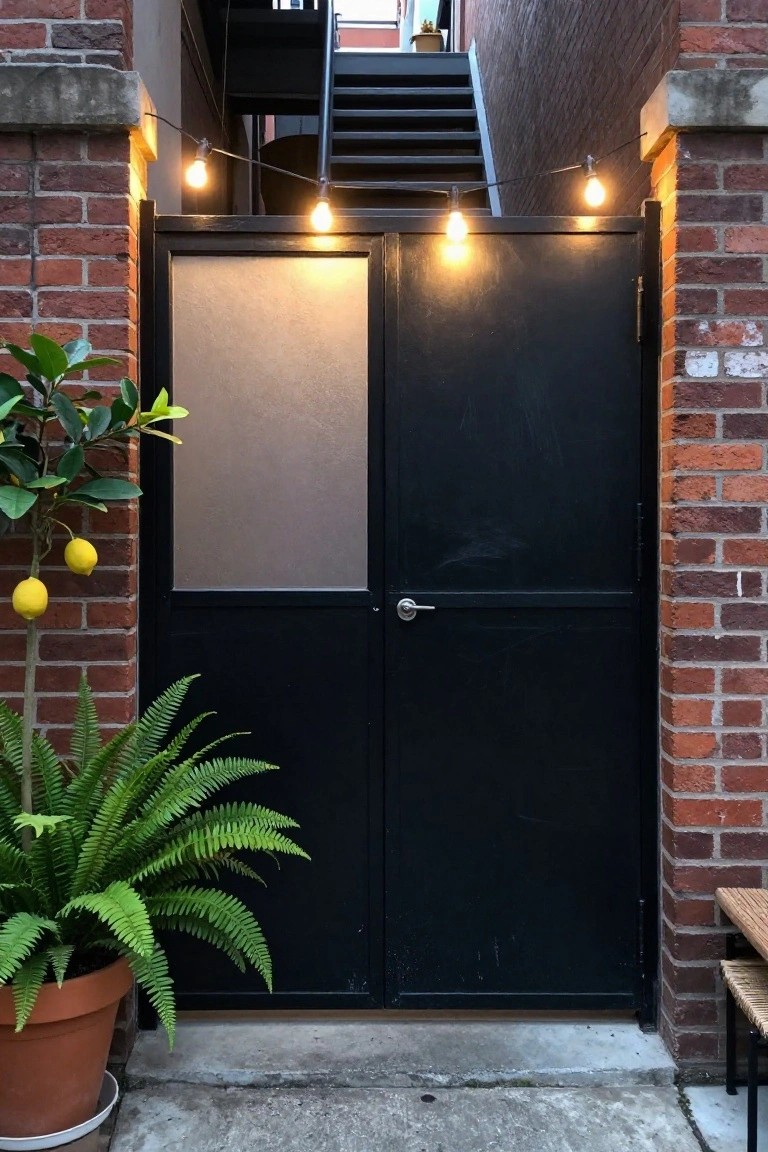 Black double doors with string lights, brick walls, potted fern and lemon tree.
