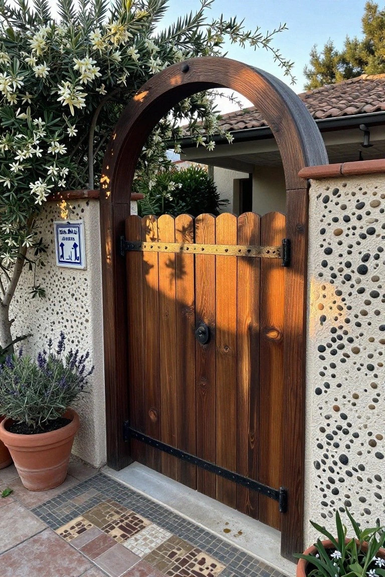 A wooden board-on-board gate with an arched top is set between textured walls with potted plants nearby.