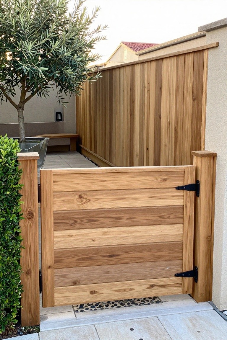 A wooden gate with horizontal boards stands open between posts beside a vertical board fence, with a tree and bush visible on the left.