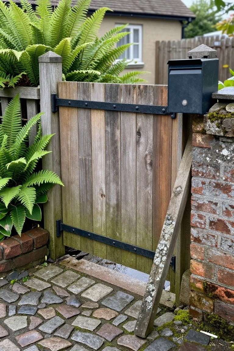 A wooden board-on-board gate with black metal straps stands partially open next to a brick pillar holding a black mailbox, with ferns and a stone path visible.