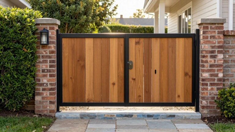 16 Creative Board-on-Board Gate Ideas for Added Privacy and Texture Wooden gate with black frame between brick pillars under wooden overhang, flanked by green bushes.