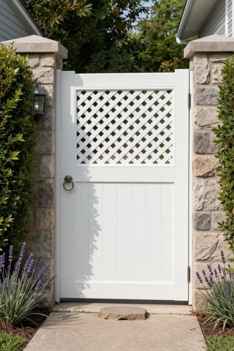 A white board-on-board gate with a diamond lattice upper panel set between stone pillars and flanked by lavender plants.
