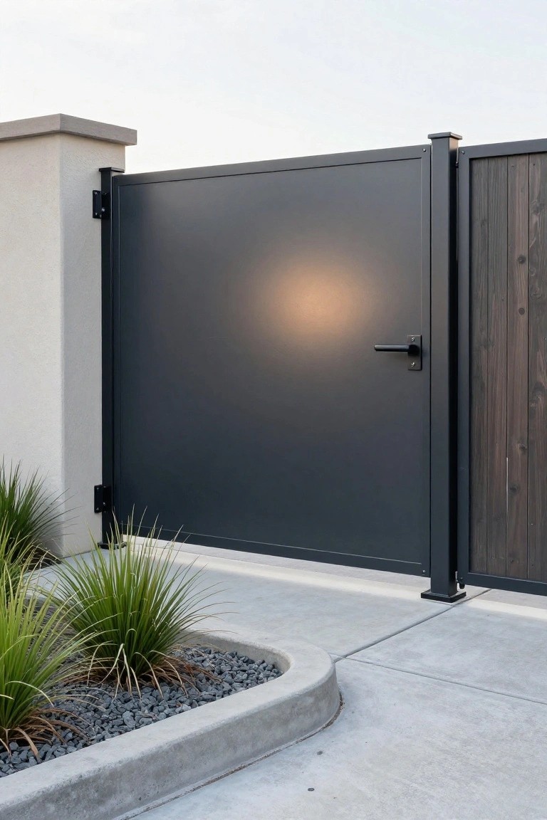 A dark metal gate with a vertical wood board-on-board panel attached to the right side, set beside a concrete pillar and low landscaping with gravel and grass-like plants.